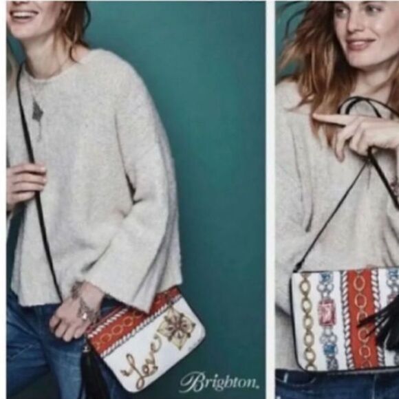 Brighton Women’s Small Crossbody Glitter and Go Pouch White Red with Tassel - Picture 3 of 16